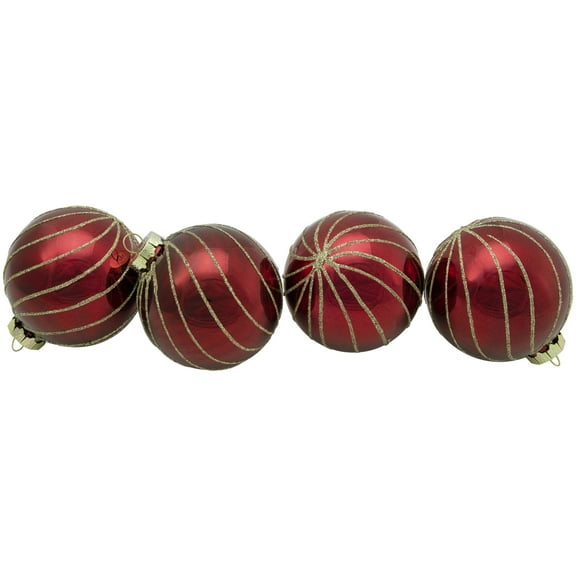 Northlight Glitter Swirl Stripes Christmas Glass Ball Ornaments - 3" (76mm) - Ruby Red - 4ct