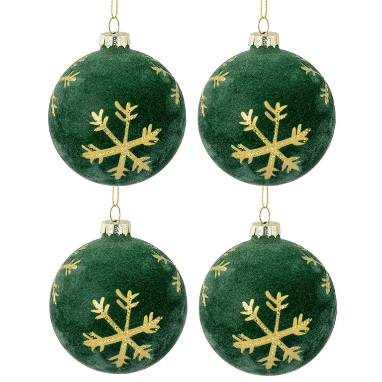 Northlight 4ct Green Velvet Glass Christmas Ball Ornaments with Gold  Snowflakes 3 (80mm) 