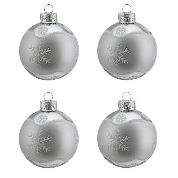 4ct Matte White with Glitter Snowflake Design Glass Ball Christmas Ornaments 2.5" (65mm)