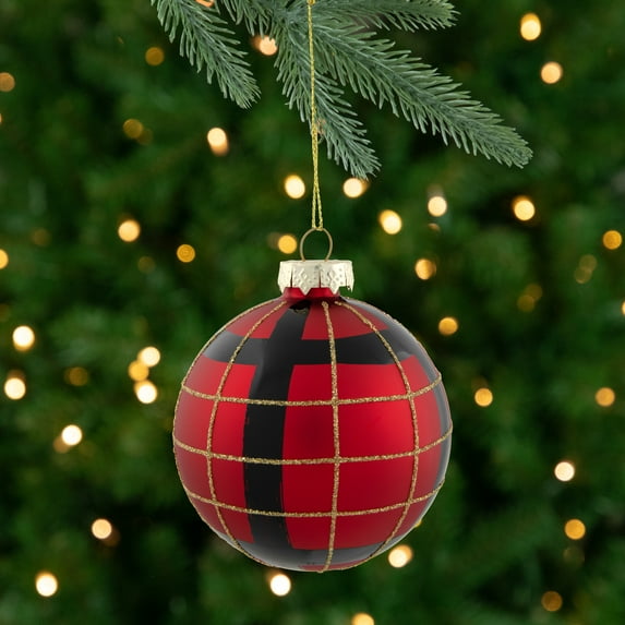 Northlight 4ct Red, Black and Gold Plaid Glass Ball Christmas Ornaments 3.25"