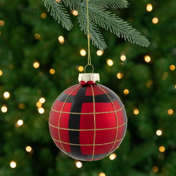 Northlight 4ct Red, Black and Gold Plaid Glass Ball Christmas Ornaments 3.25"