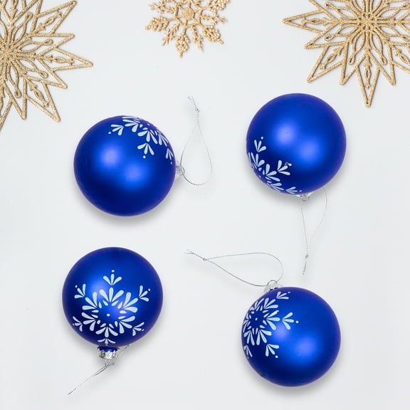 Northlight Snowflake Christmas Glass Ball Ornaments - 3" (75mm) - Royal Blue - 4ct