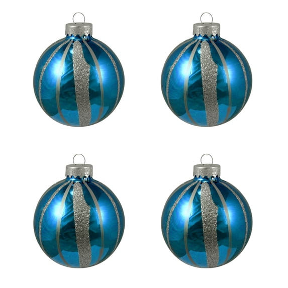 Northlight 4ct Shiny Blue Striped Silver Glitter Glass Ball Christmas Ornaments 2.5" (65mm)
