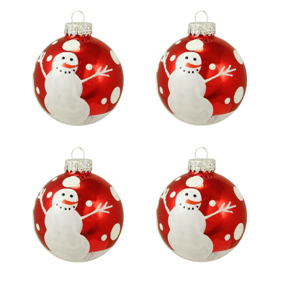 4ct Shiny Red Snowman Glittered Glass Ball Christmas Ornaments 2.5" (65mm)