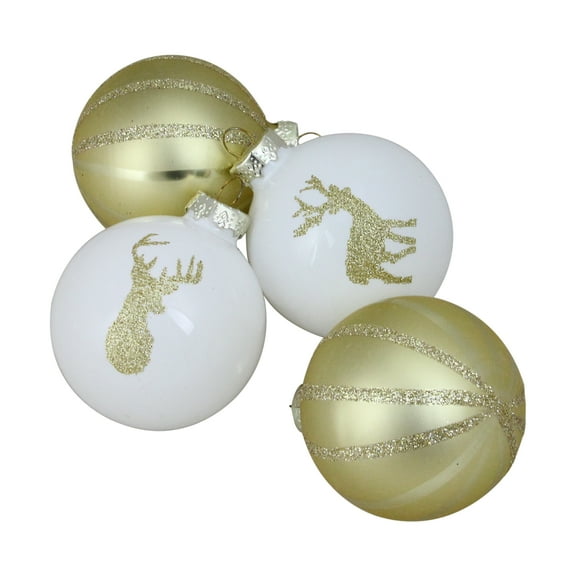Northlight Reindeer and Striped Christmas Glass Ball Ornaments - 2.75" (69mm) - Gold and White - 4pc