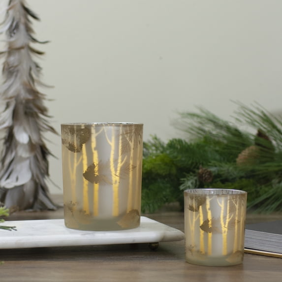 Northlight Birch Leaves Frosted Glass Votive Candle Holder - 5" - Matte Gold and White