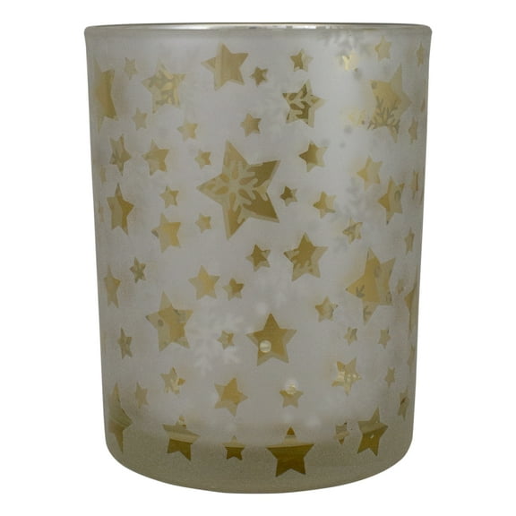 Northlight Stars and Snowflakes Frosted Glass Christmas Candle Holder - 3"  - Silver and Gold
