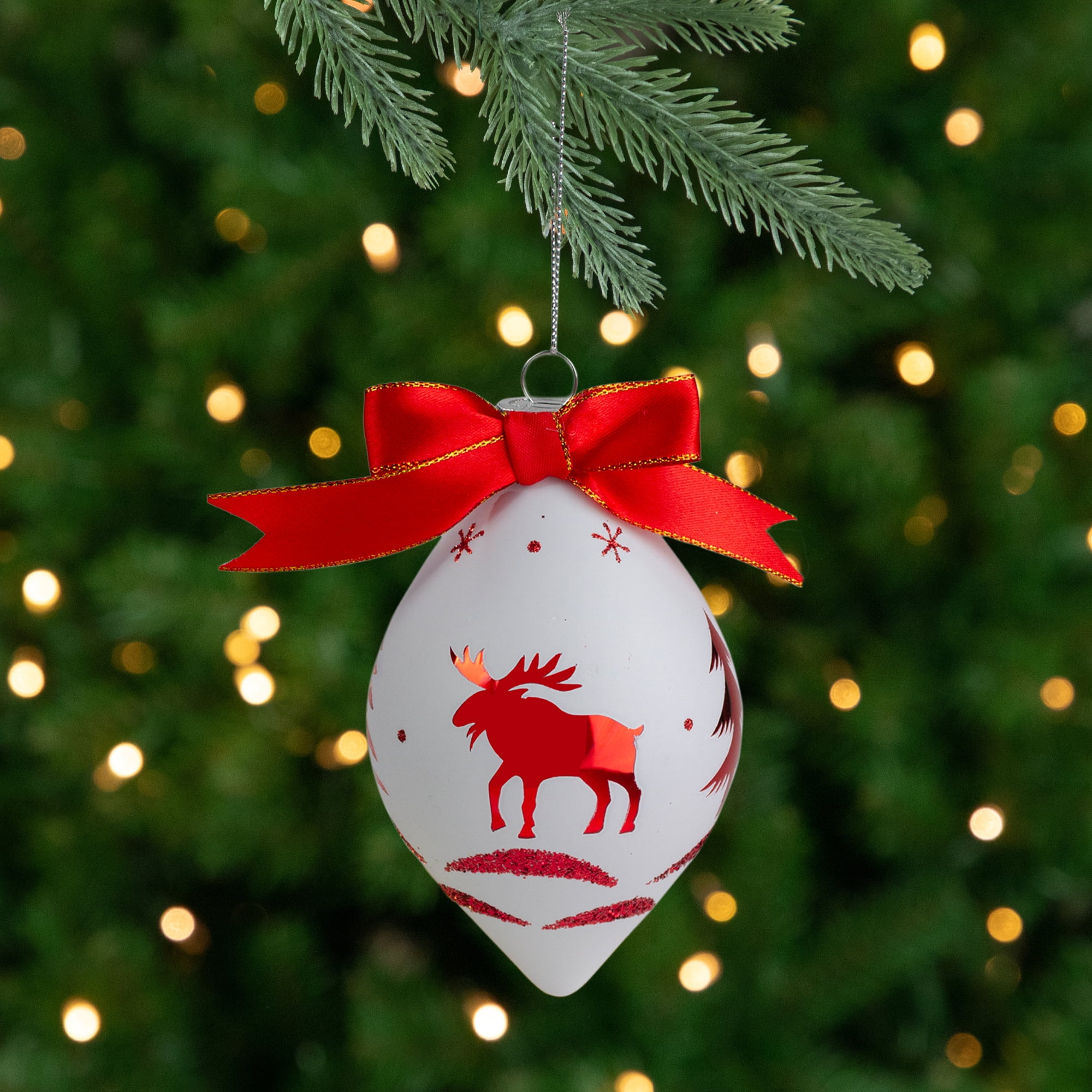 Northlight 5" Red and White Moose Christmas Teardrop Ornament