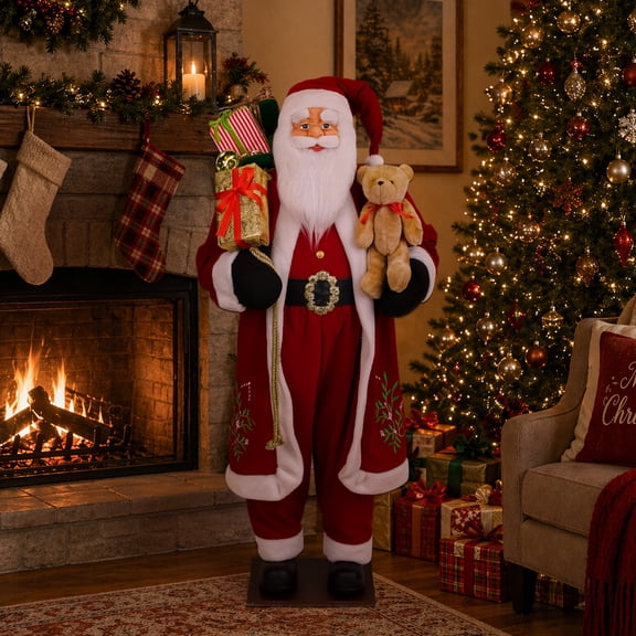 Northlight Traditional Santa Claus with Teddy Bear and Gift Bag Standing Christmas Figure - 5'