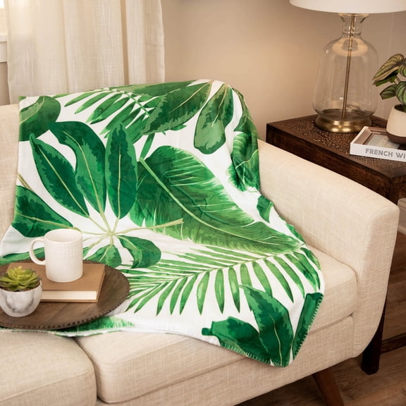 Northlight Tropical Leaves Fleece Throw Blanket - 50" x 60" - Green and Cream White