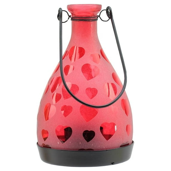 Northlight 6.25" Frosted Hearts Glass Bottle Tea Light Candle Lantern - Red/Black
