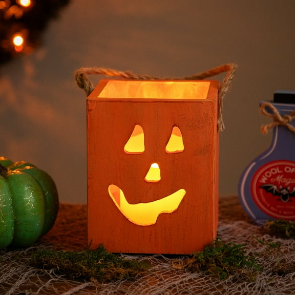 Northlight Small Orange Wood Jack O Lantern Halloween Candle Lantern - 6.25"
