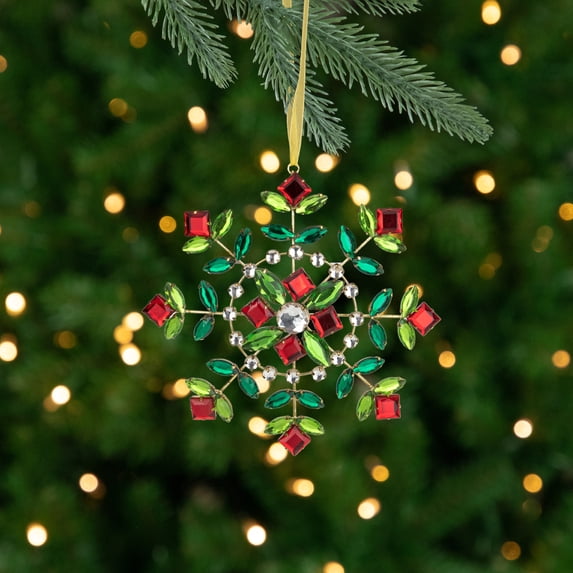 Northlight 6.5" Green and Red Gem Stone Flowers Snowflake Christmas Ornament