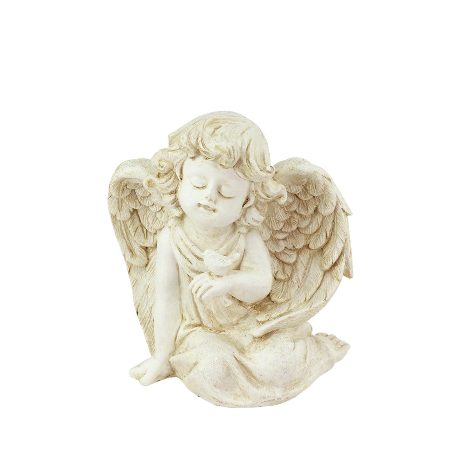 Distressed Ivory Sitting Cherub Angel with Bird Garden Statue