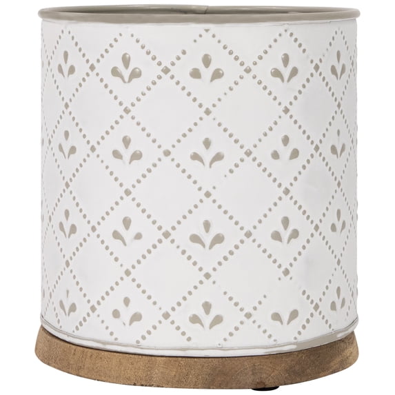 Northlight 6.5" White Round Embossed Utensil Storage Container with Wooden Base