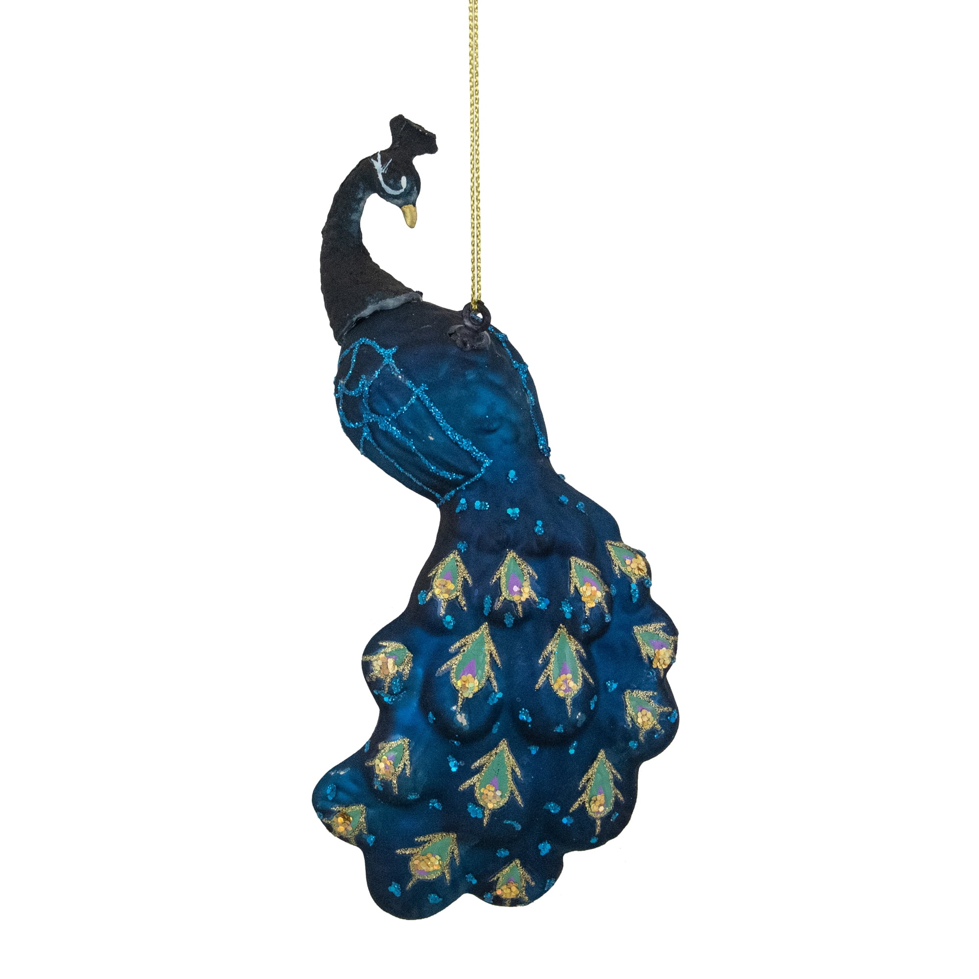 Indigo Blue Glittered Peacock Glass Christmas Ornament