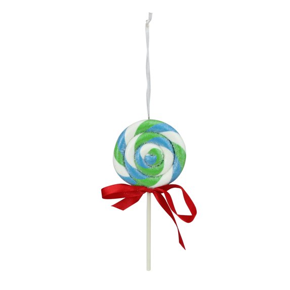 6" Blue, Green and White Glittered Twist Lollipop with Red Bow Christmas Ornament