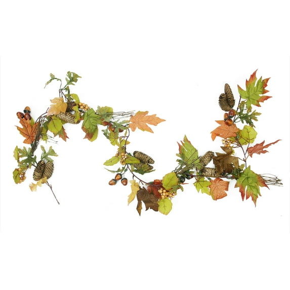 6' Brown and Green Autumn Harvest Leaf and Acorn Artificial Thanksgiving Garland - Unlit