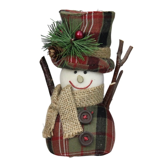 6" Green and Red Plaid Snowman with Top Hat and Scarf Table Top Christmas Figure