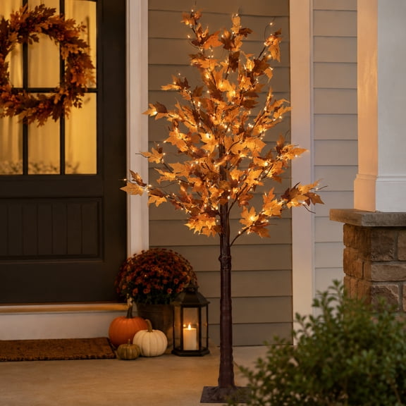 Northlight LED Lighted Autumn Harvest Artificial Maple Leaf Tree - 6' - Warm White Lights