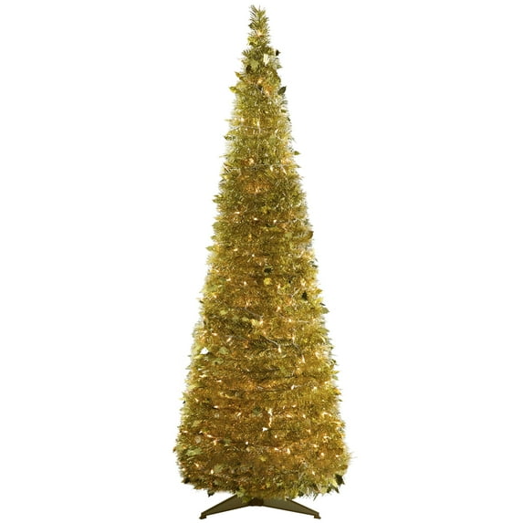 Northlight 6' Pre-Lit Gold Tinsel Pop-Up Artificial Christmas Tree, Clear Lights