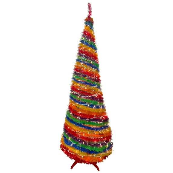 Northlight 6' Pre-Lit Rainbow Tinsel Pop-Up Artificial Christmas Tree, Clear Lights