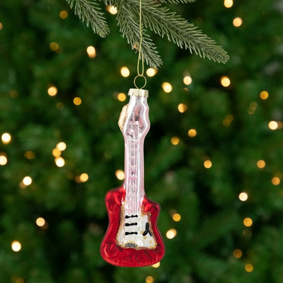 Northlight Glittered Bass Guitar Glass Christmas Ornament - 5.25" - Red and Gold
