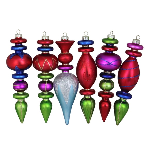 Northlight 6ct Glittered Finial Asymmetrical Glass Christmas Ornament Set 6.5" - Red/Green