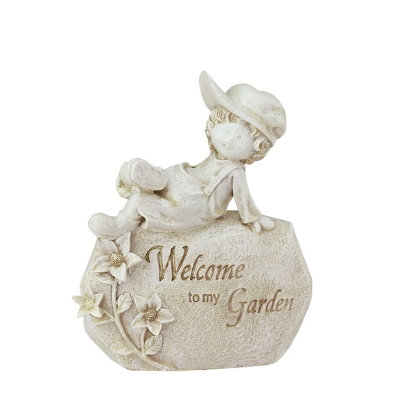 Northlight 7.5" Boy on Rock "Welcome to My Garden" Outdoor Patio Garden Statue - Ivory
