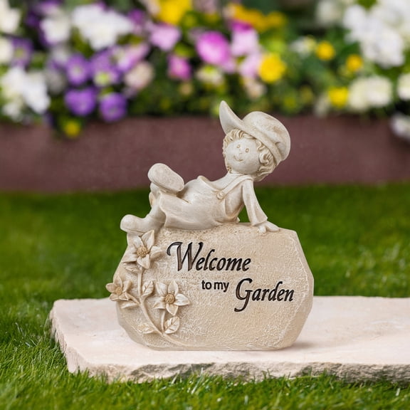 Northlight Boy Sitting on Rock Welcome to My Garden Patio Garden Plaque - 7.25"