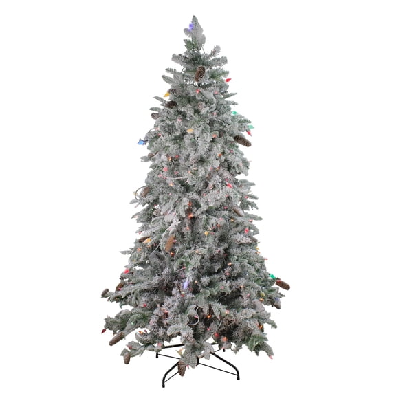 Northlight 7.5' Pre-Lit Slim Flocked Dunton Spruce Artificial Christmas Tree - Multi-Color Lights