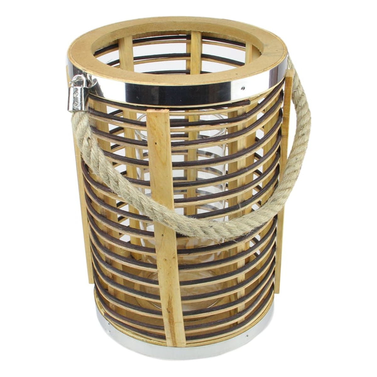 Rustic Brown and Silver Glass Hurricane Candle Lantern with Jute Handle
