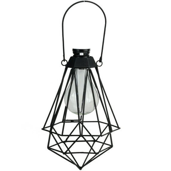 Northlight 7" Black Geometric Solar Powered LED Outdoor Patio Metal Lantern