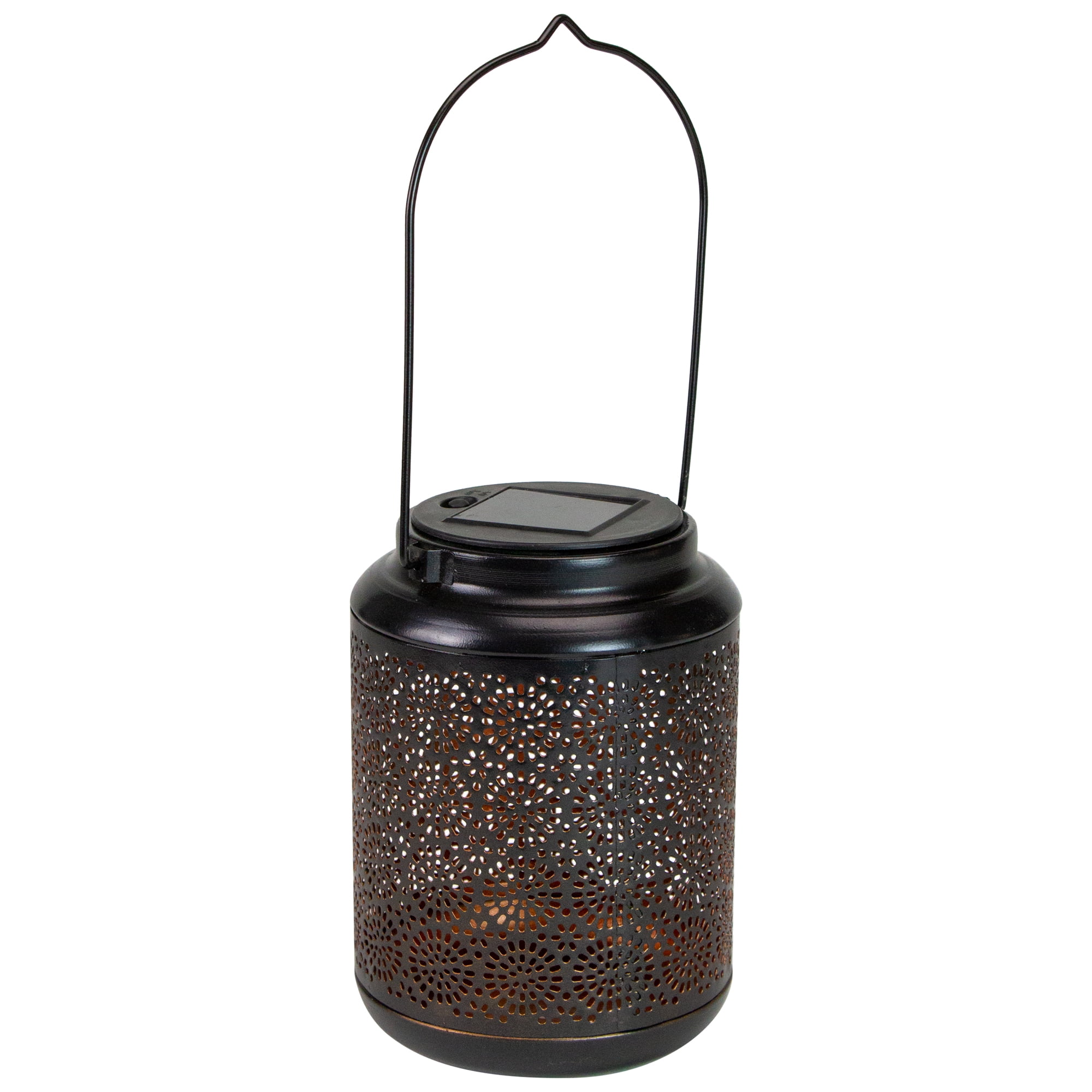 7" Black Metal Floral LED Solar Lantern with Handle