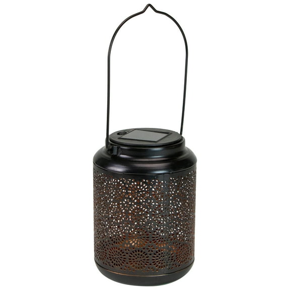 Northlight 7" Black Outdoor Integrated Floral LED Solar Lantern with Handle