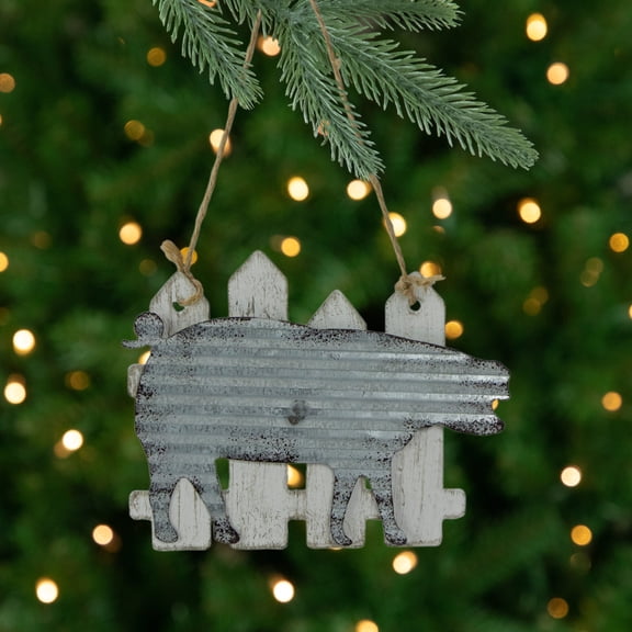 Northlight 7" Country Rustic Pig and White Picket Fence Christmas Ornament