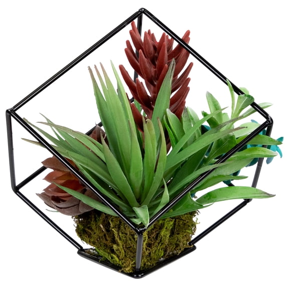 Northlight 7" Succulent Artificial Arrangement in Black Wire Terrarium - Green/Black