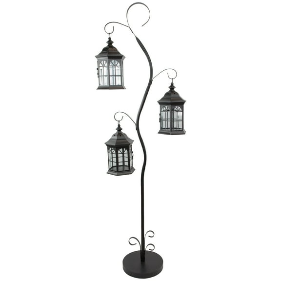Northlight Distressed Scroll Candle Lantern Tree with Lanterns- 71.5" - Black