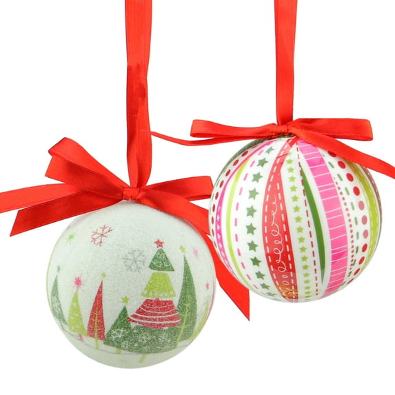 Northlight 7ct Tree and Striped Decoupage Shatterproof Christmas Ball Ornament Set 2.75" - White/Red