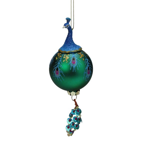 8.5" Blue and Teal Peacock Bird with Sequin Tail Glass Ball Christmas Ornament