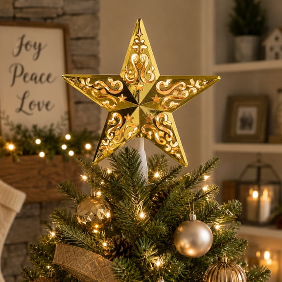 Northlight 8.5" Lighted Gold and White Star Cut-Out Design Christmas Tree Topper - Clear Lights