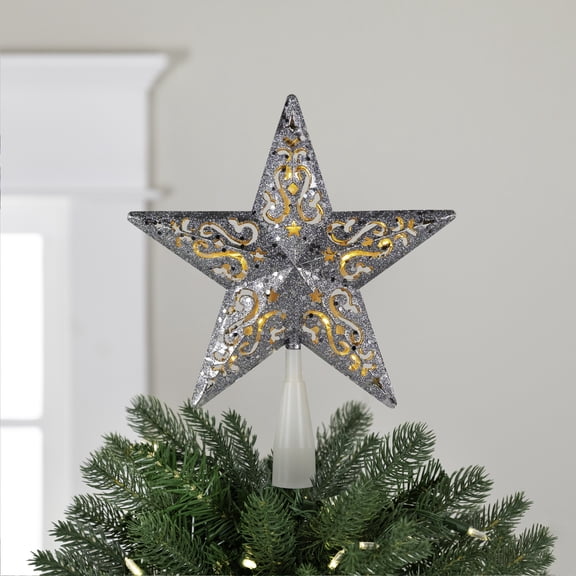 Northlight 8.5" Lighted Silver Glitter Star Cut Out Design Christmas Tree Topper - Clear Lights,