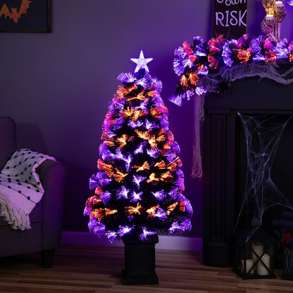 Northlight 8-Function Fiber Optic Artificial Pine Potted Halloween Tree - 4' - Black - Orange and