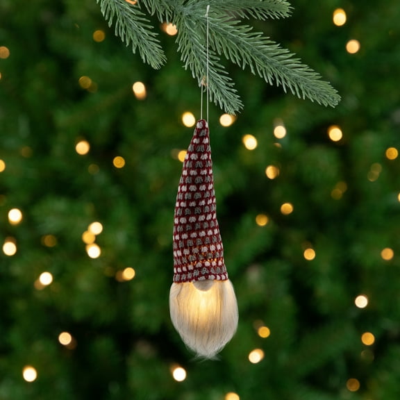 Northlight 8" Lighted Red, White and Gray Knit Gnome Head Christmas Ornament