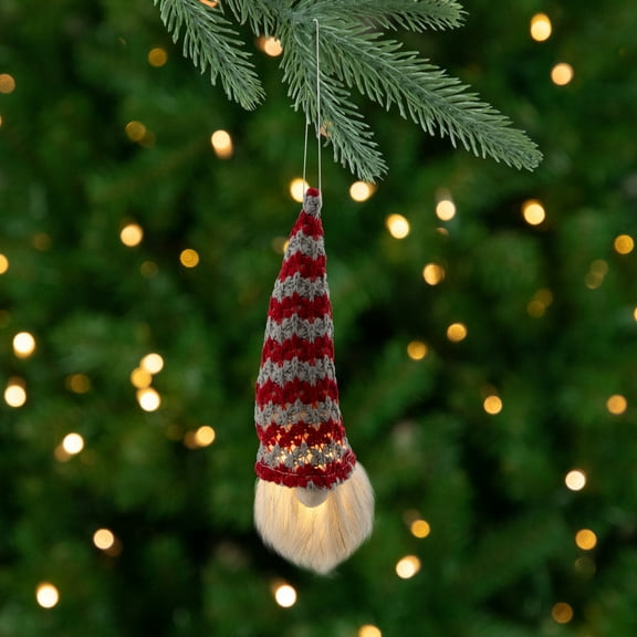 Northlight 8" Lighted Red and Gray Knit Gnome Head Christmas Ornament