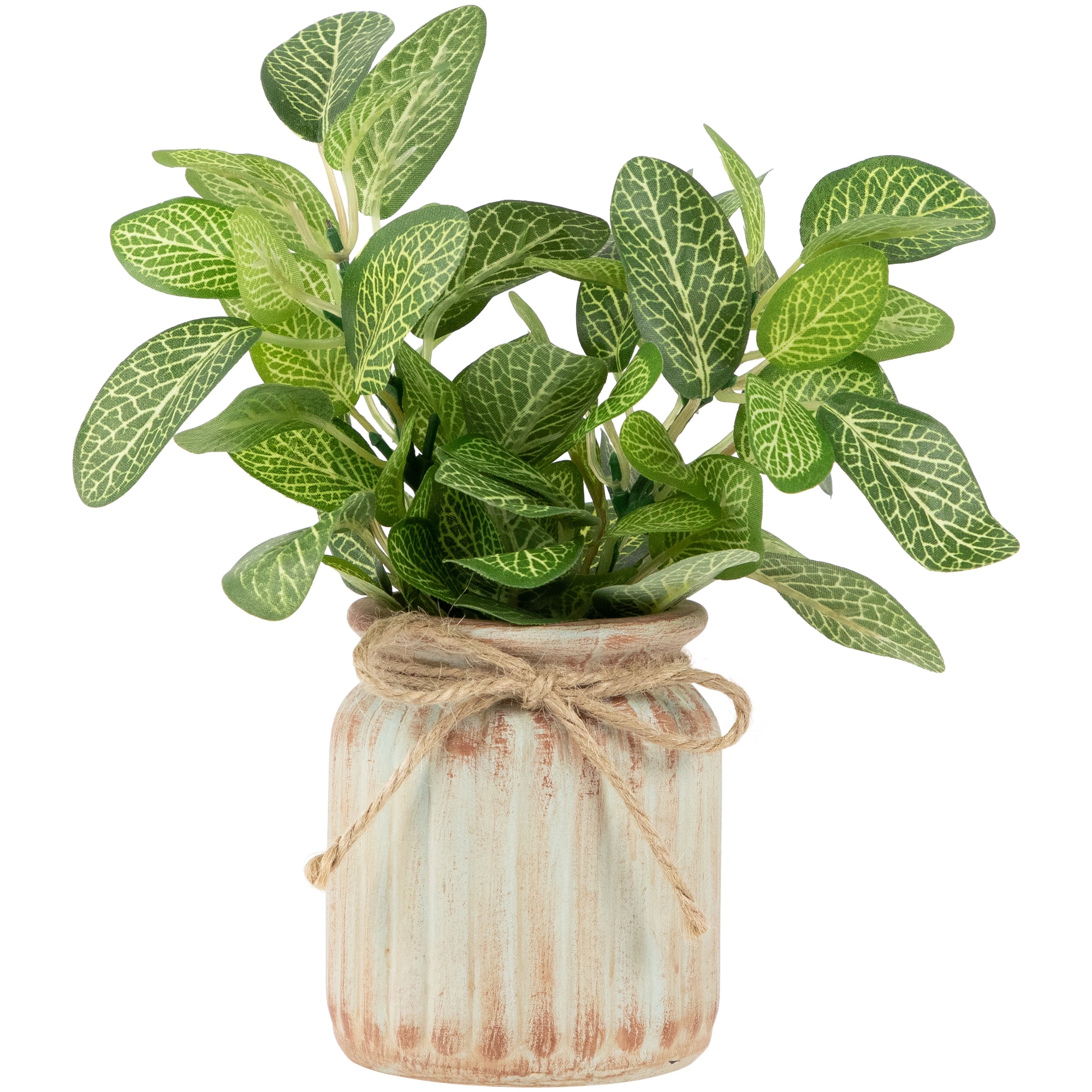 8" Green and White Faux Spring Foliage in Fluted Ceramic Pot