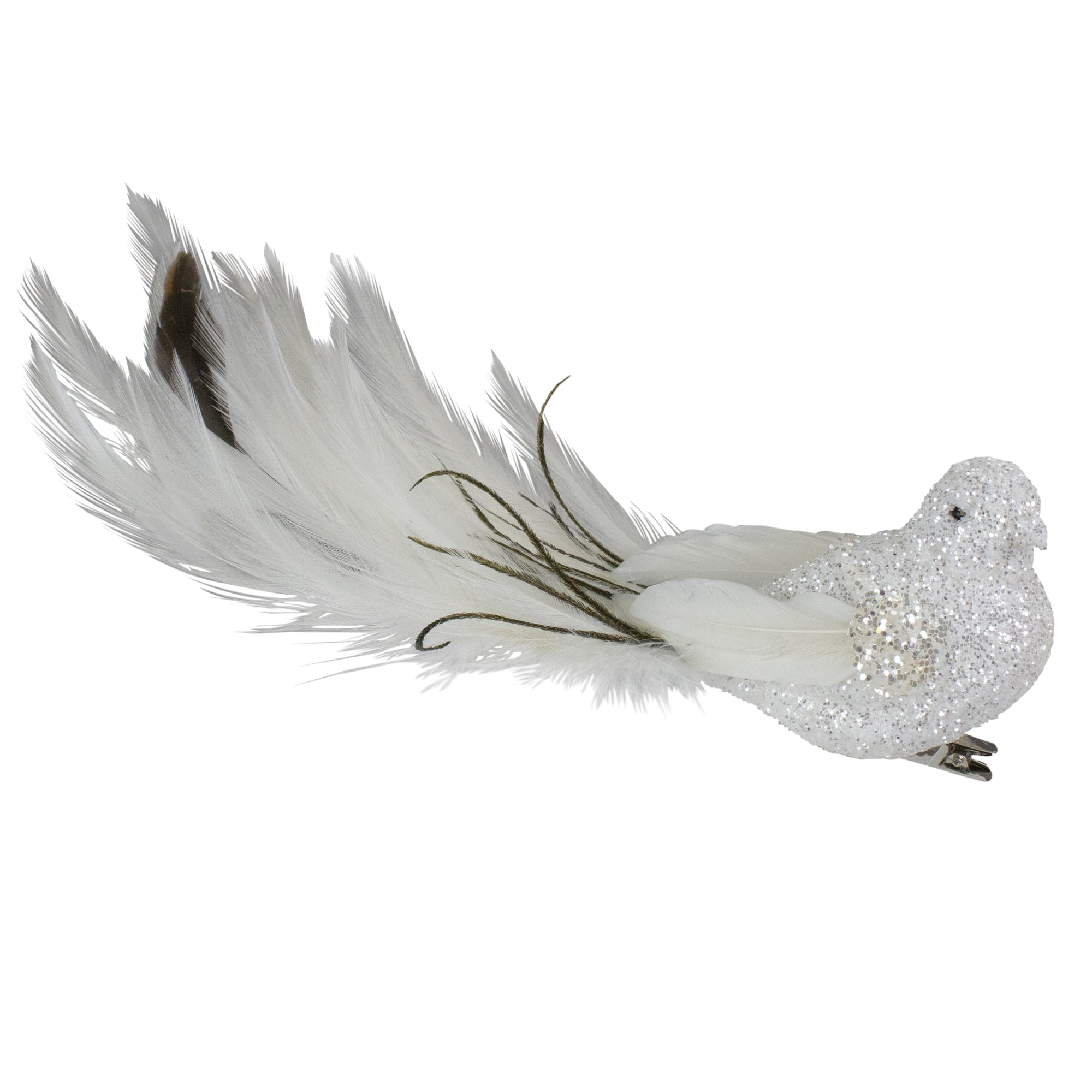 Northlight 8" White and Black Glittered Bird with Feather Tail Christmas Ornament with Clip