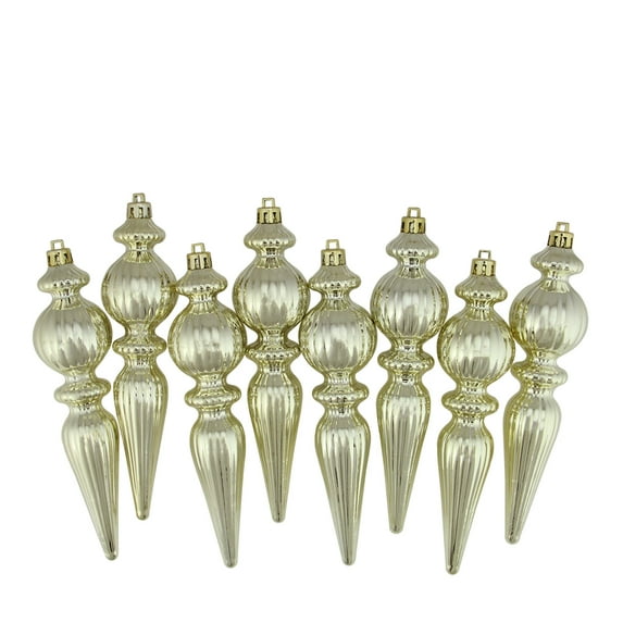 8ct Champagne Gold Ribbed Shatterproof Christmas Finial Ornaments 6.5"