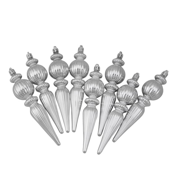 8ct Shiny Silver Splendor Swirl Shatterproof Christmas Finial Ornaments 6.5"