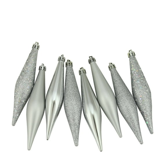 Northlight 8ct Silver Shatterproof 4-Finish Finial Drop Christmas Ornaments 6"